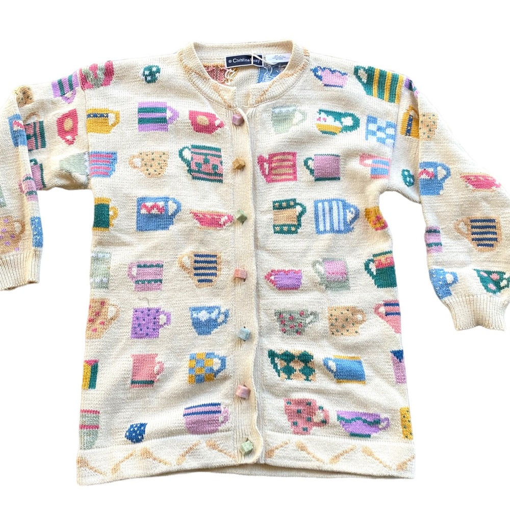 Vintage Christine Foley Cardican Sweater Cuppa Coffee Themed Cotton Handmade